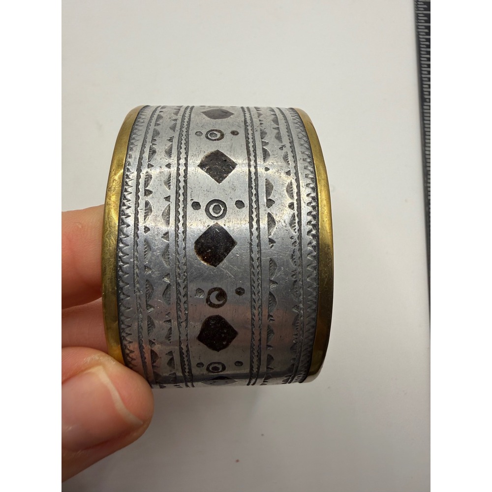 Vintage Mixed Metal Hand Stamped Cuff Bracelet Brass Silver Tone Geometric Wide